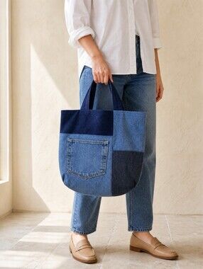 Denim patchwork tote bag